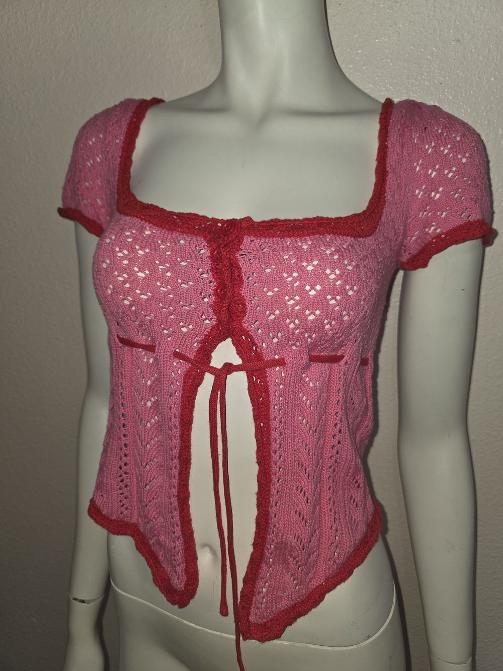 Urban Outfitters Pink Crochet Tie-Front Crop Top with Red Trim
